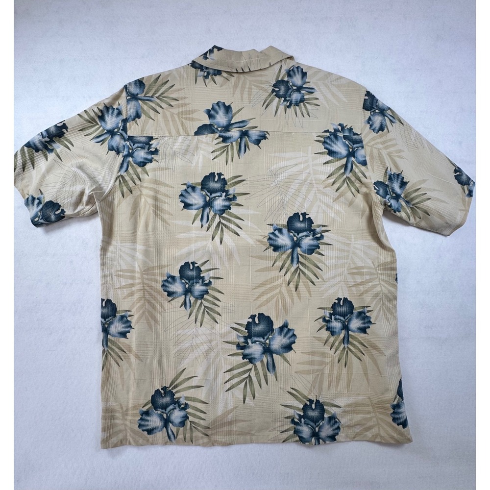 Banana Cabana Mens Large Silk Hawaiian Shirt Tan Blue Floral Short Sleeve Button - Picture 4 of 7